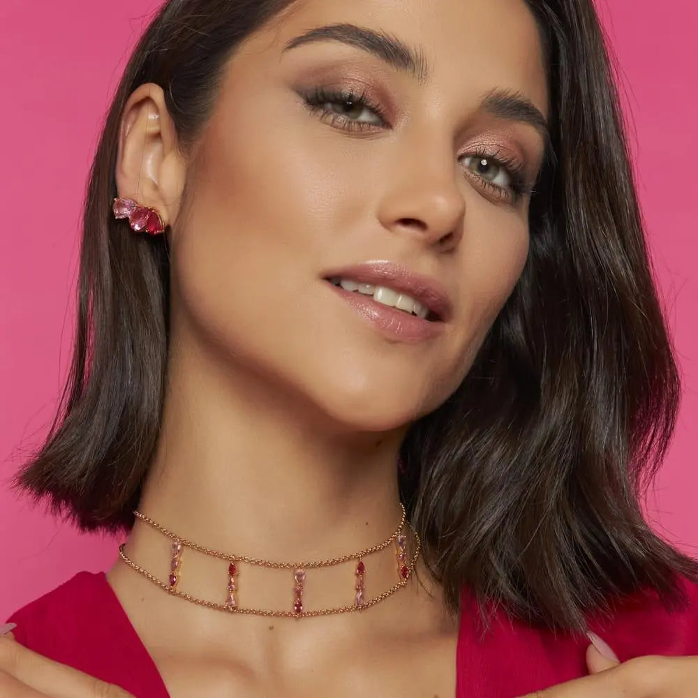 Choker Duas Voltas Cristais Degradê Rosa | Ouro 18k