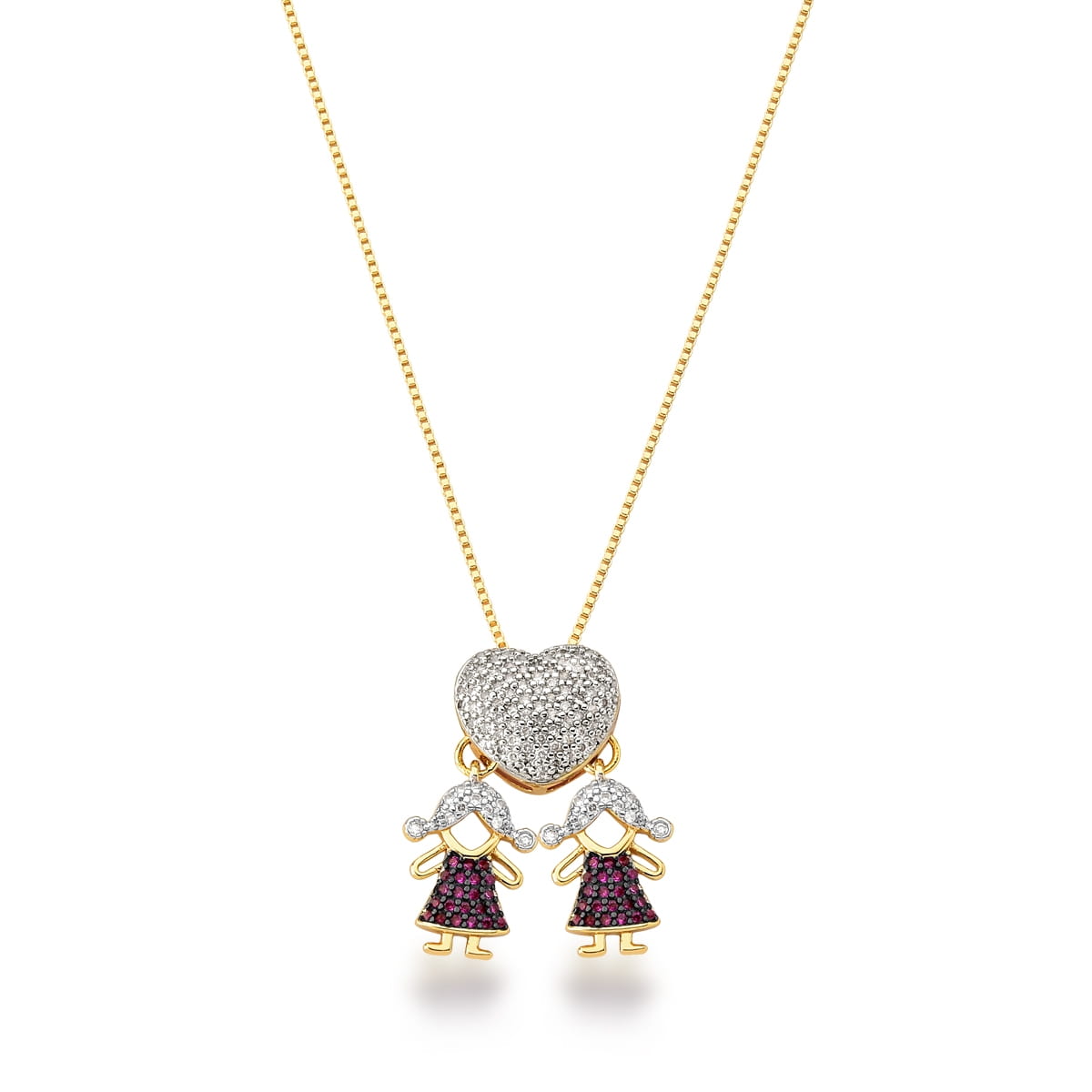 Colar Pingente Coração Duas Meninas | Ouro 18k