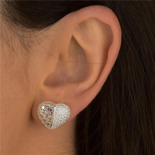 Conjunto 3D Coração Metade Pavê | Prata 925