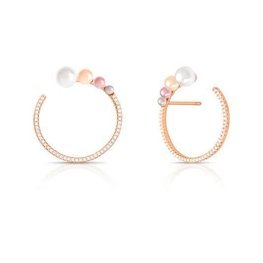 Brinco Meia Argola Pérolas Shell e Zircônia | Ouro 18k