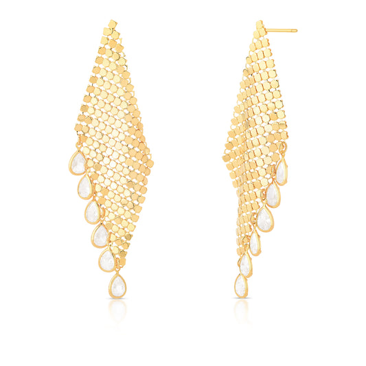 Brinco Pêndulo Cristais Gota Paetê | Ouro 18k