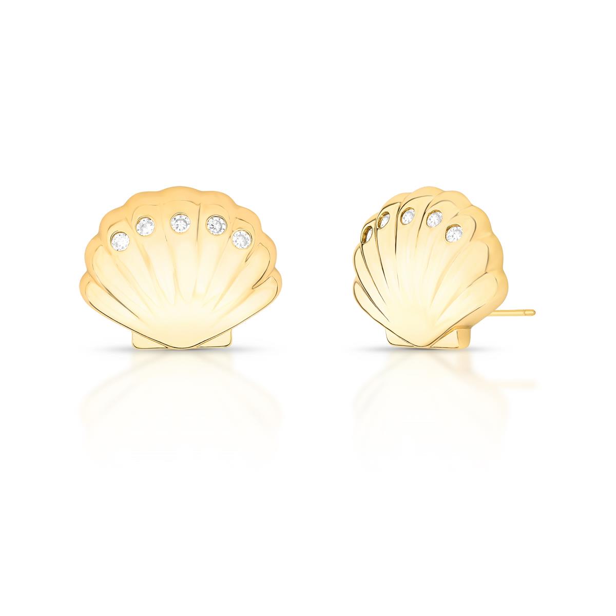 Brinco Concha Texturizado Cristais Redondos | Ouro 18k