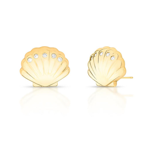 Brinco Concha Texturizado Cristais Redondos | Ouro 18k