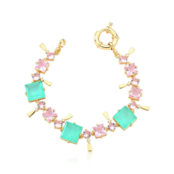 PULSEIRA COM CRISTAL TURMALINA FUSION E ROSA BANHADA A OURO18k