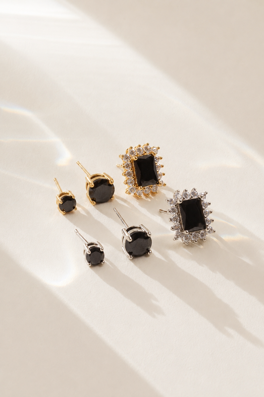 Trio de Brincos Ônix Elegance | Banho de Ouro 18k