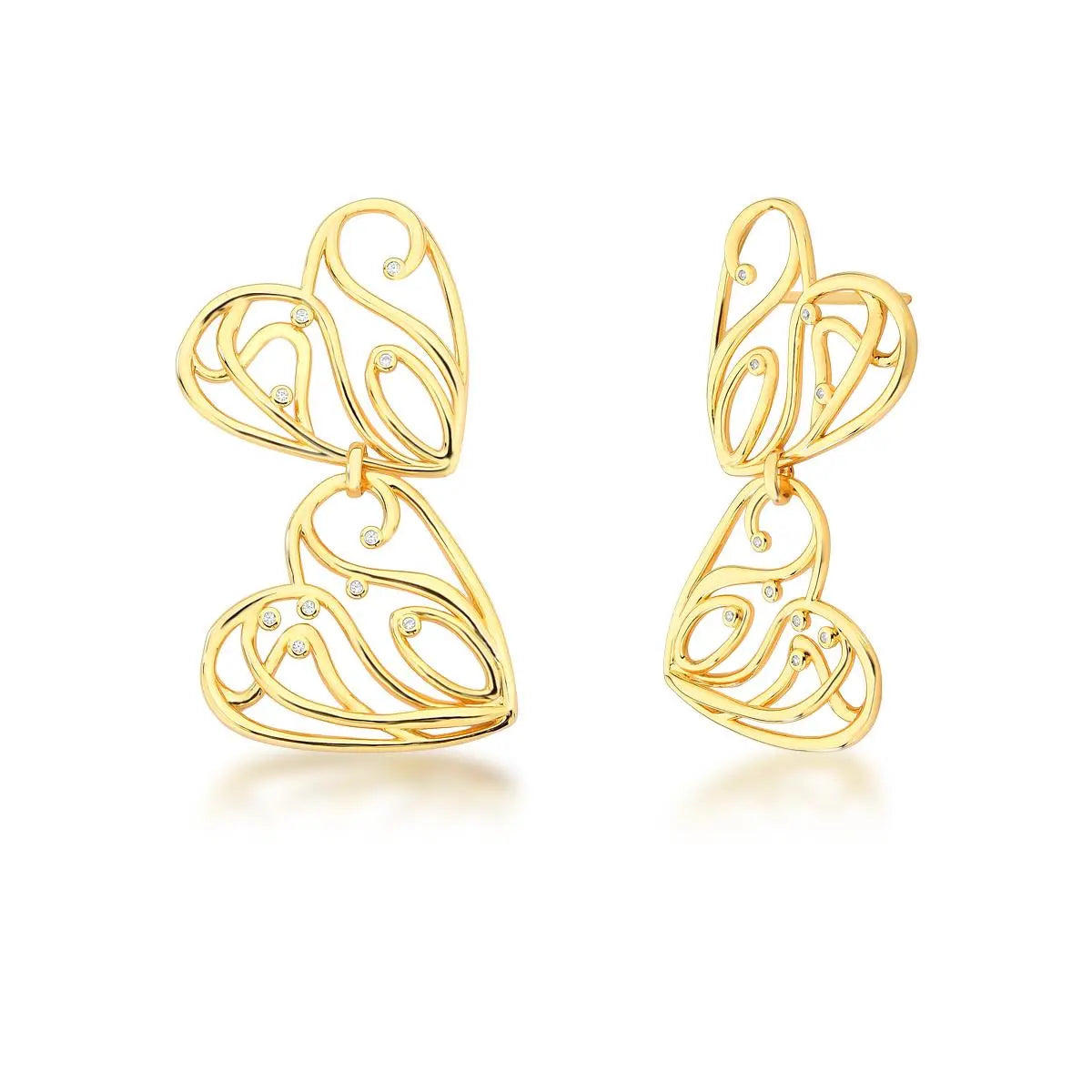 Brinco Pêndulo Corações Vazados Zircônia | Ouro 18k