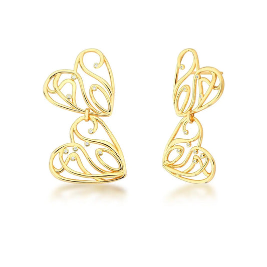 Brinco Pêndulo Corações Vazados Zircônia | Ouro 18k