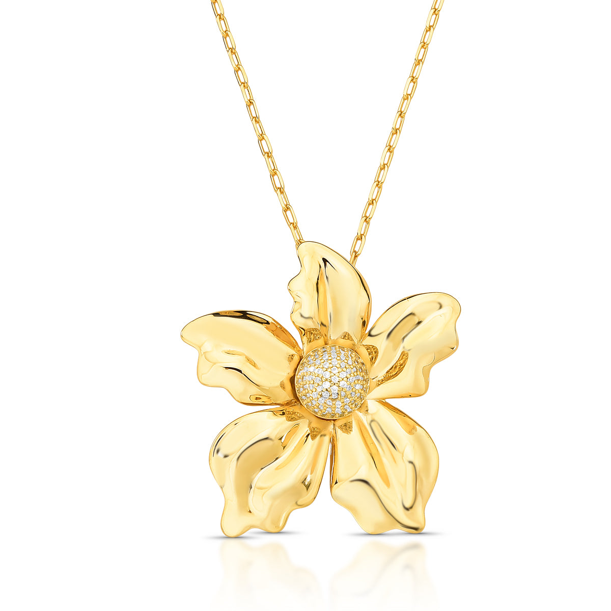 Colar Pingente Flor Cravejado Zircônia | Ouro 18k