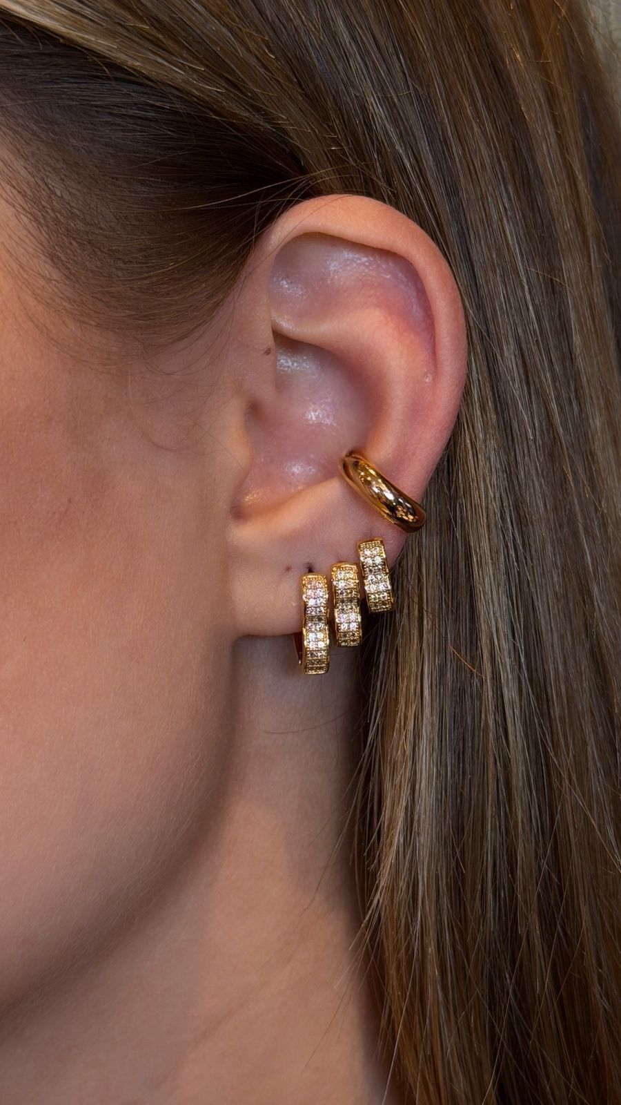 Trio de Brincos com Piercing | Banho Dourado