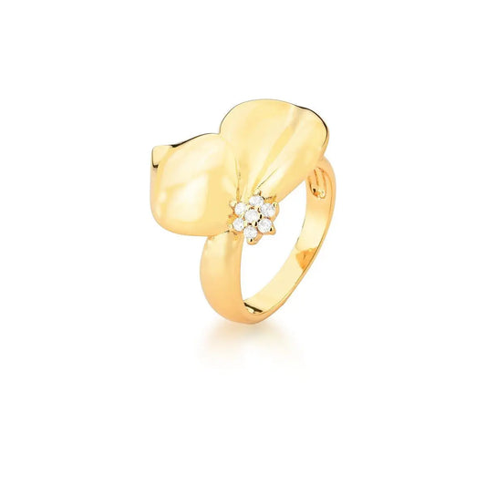 ANEL FLOR DE LÓTUS LISA E ZIRCÔNIAS BRANCAS BANHADO A OURO 18k