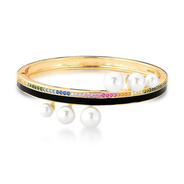 BRACELETE ESMALTADO PRETO E PÉROLA SHELL BANHADO A OURO 18k