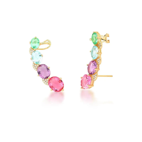 BRINCO EAR CUFF COM CRISTAIS OVAIS COLORIDOS BANHADO A OURO 18k