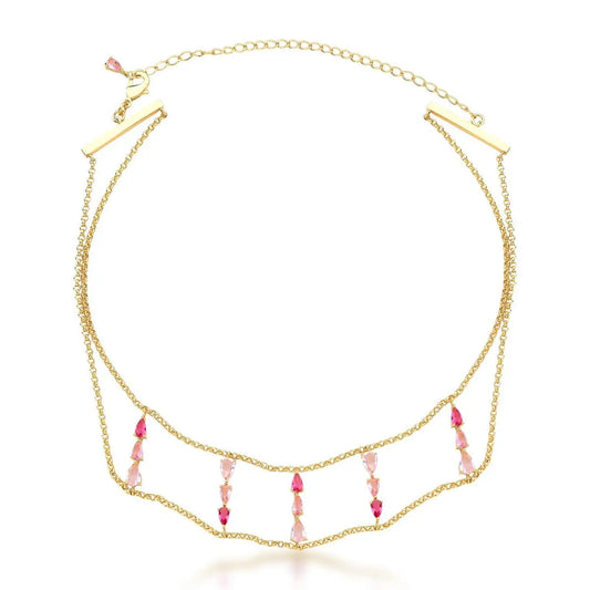 Choker Duas Voltas Cristais Degradê Rosa | Ouro 18k