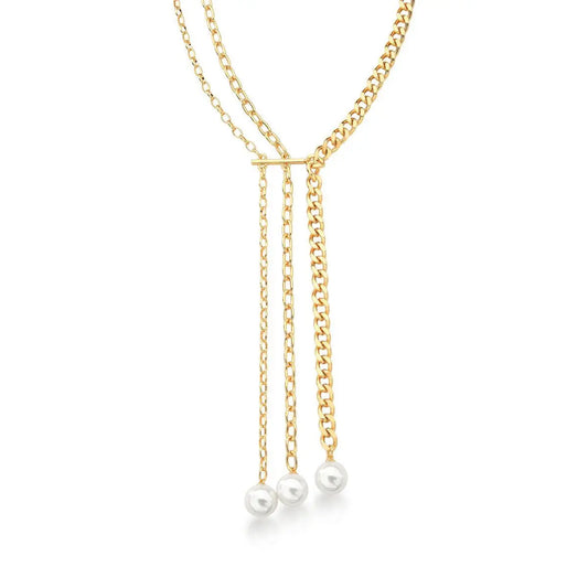 Colar Gravata Três Voltas Elos e Pérolas | Ouro 18k