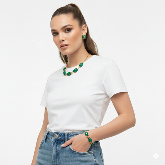 Conjunto Cristais Ovais Completo | Ouro 18k