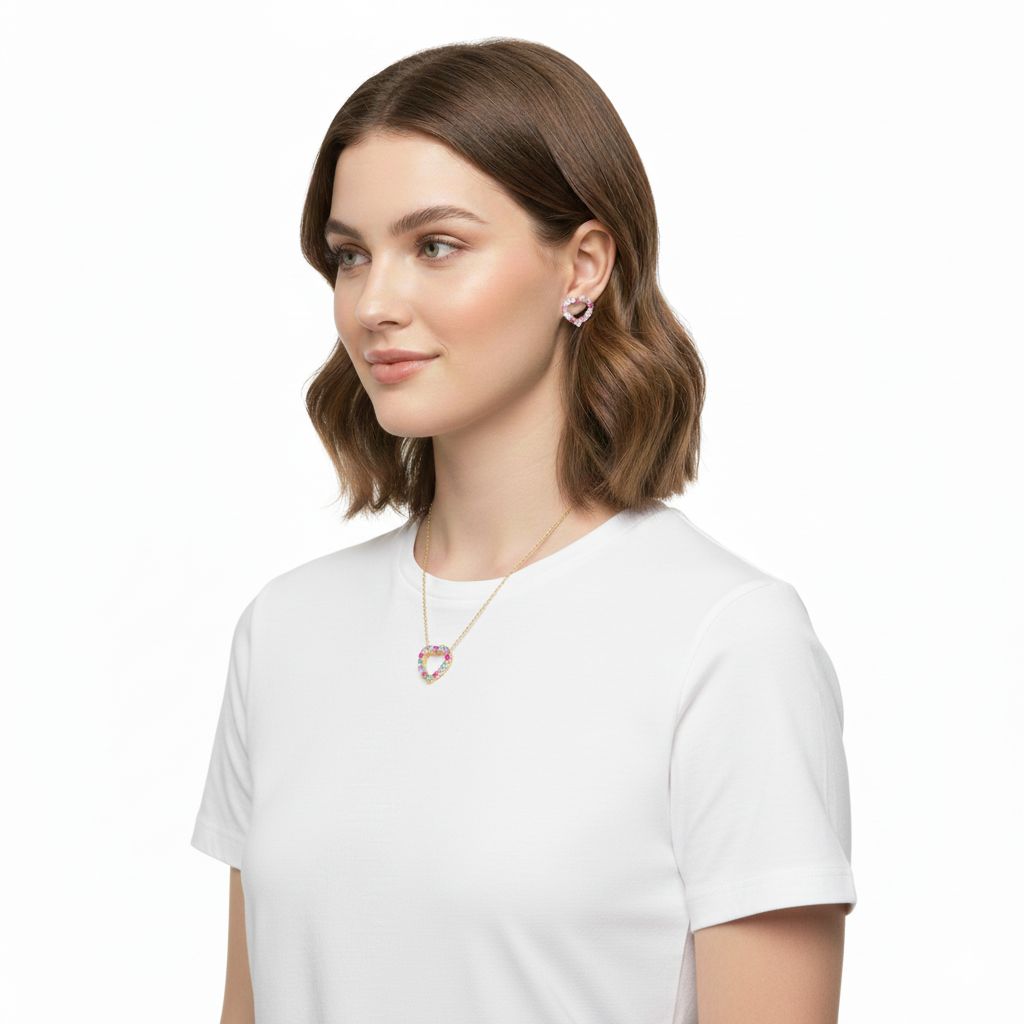 Conjunto Coração Vazado Zircônia Colorida | Ouro 18k