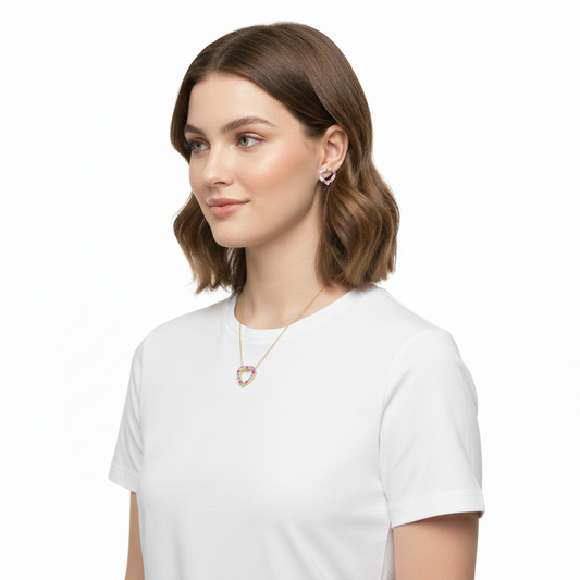 Conjunto Coração Vazado Zircônia Colorida | Ouro 18k