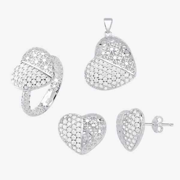 Conjunto 3D Coração Metade Pavê | Prata 925