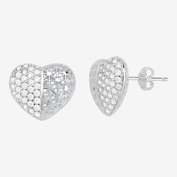 Conjunto 3D Coração Metade Pavê | Prata 925