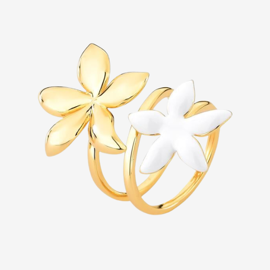 Anel Três Voltas Flores Esmaltadas e Lisas | Ouro 18k