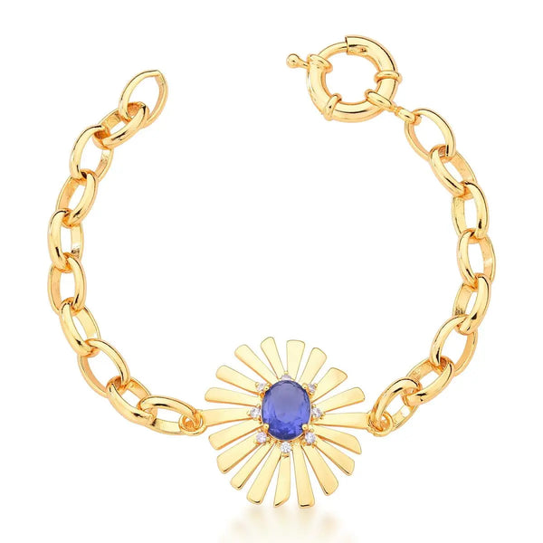 PULSEIRA COM PINGENTE DE FOLHA NA COR TANZANITA BANHADA A OURO 18k