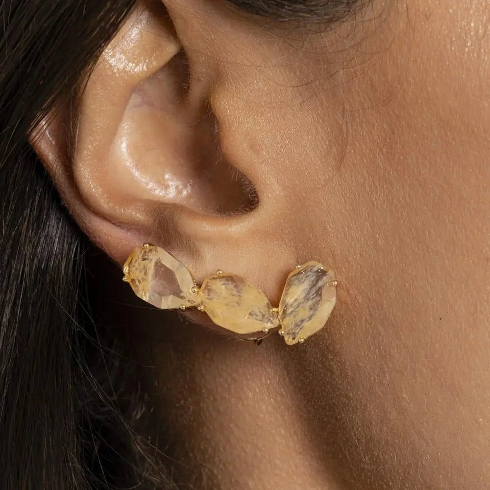 Brinco Ear Cuff Três Cristais Heptágonos Rutilo | Ouro 18k