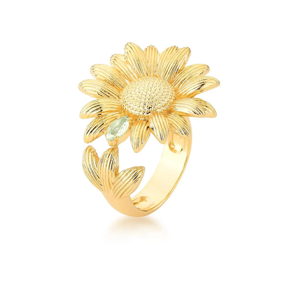 Anel Regulável Flor Girassol Cristal | Ouro 18k