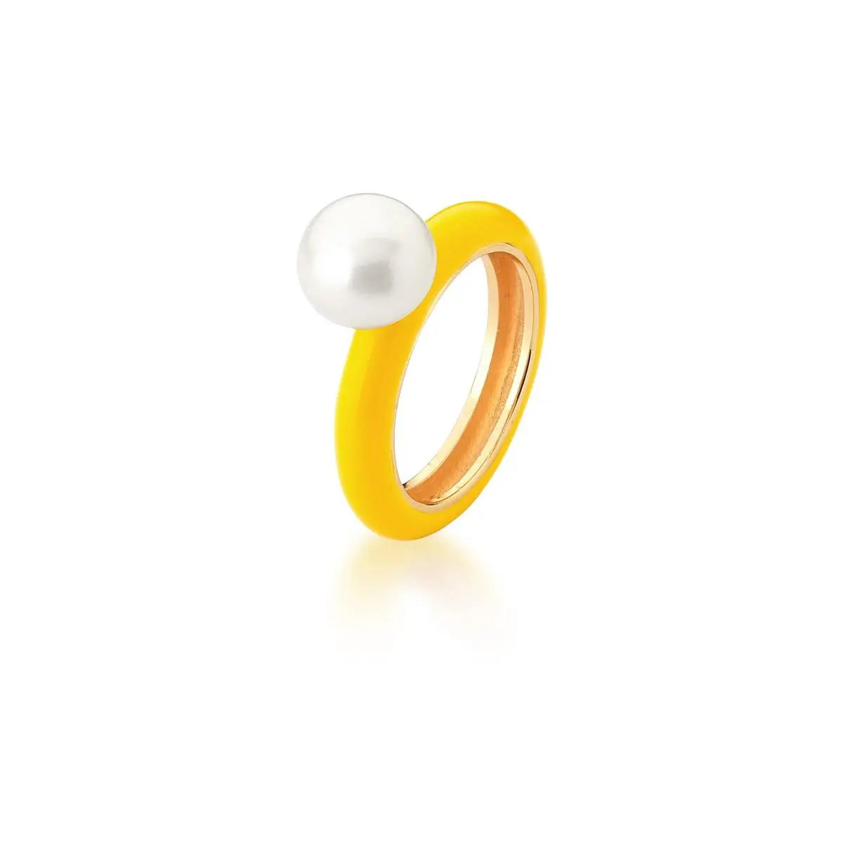 Anel Esmaltado Amarelo e Pérola | Ouro 18k