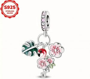 Berloque Pingente Flamingo e Flor
