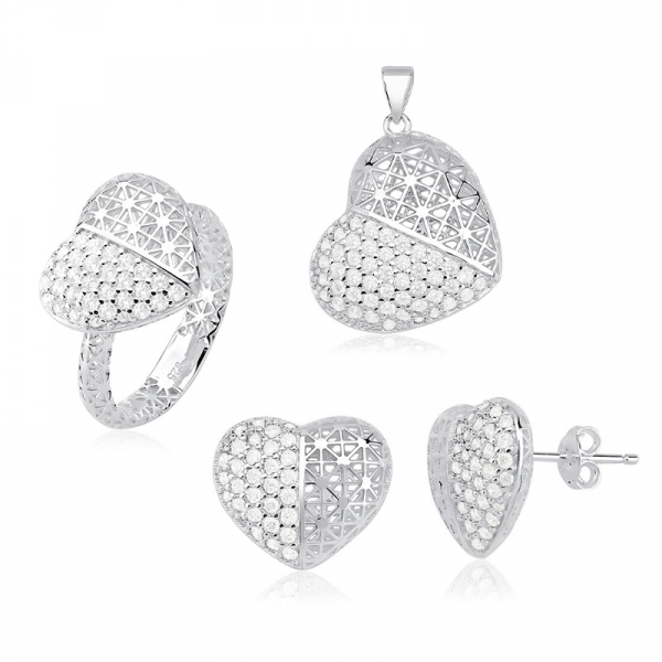 Conjunto prata 925 3D CORAÇÃO, METADE EM PAVÊ