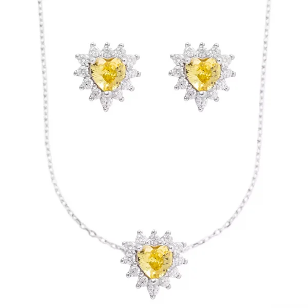 Conjunto Coração Cravejado yellow – Prata 925 com Banho de Ródio