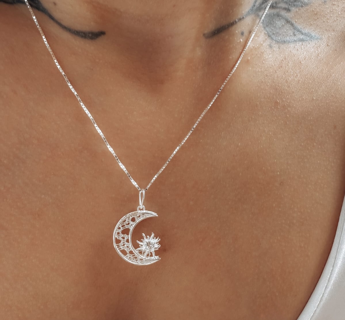colar prata 925 lua e sol